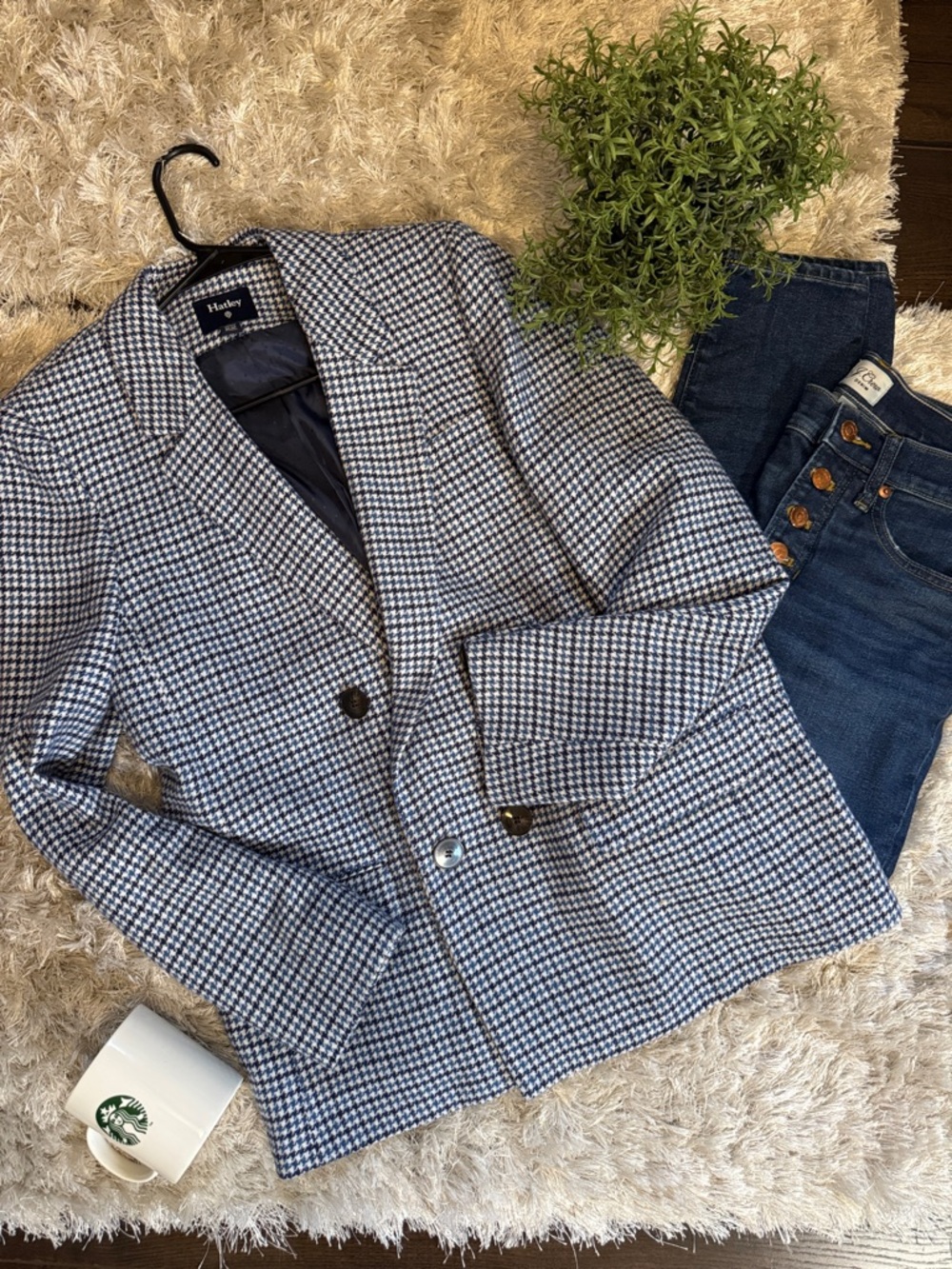 NWOT HATLEY Navy & White Houndstooth Blazer Size M
